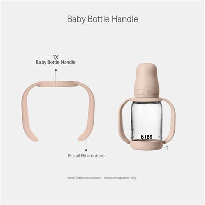 Baby bottle handle in blush color, designed to fit all Bibs bottles, shown next to an example bottle.