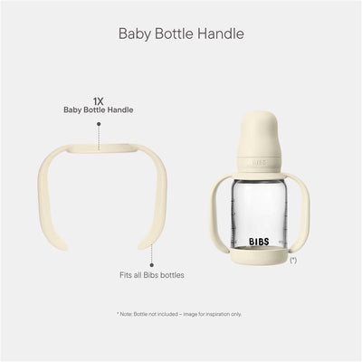 Baby bottle handle in ivory, designed to fit all Bibs bottles, shown next to a clear Bibs baby bottle.