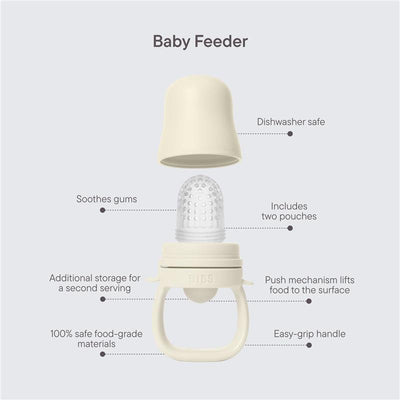 A beige baby feeder with a textured silicone bulb, easy-grip handle, and dishwasher-safe label, showcasing product features.