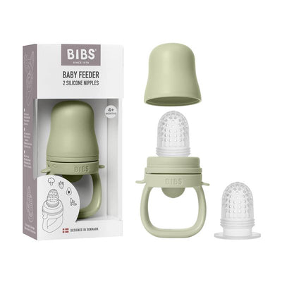 Baby Feeder in Sage color with two silicone nipples, suitable for infants 4 months and older, shown in its packaging.