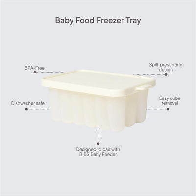 Bibs Baby Food Freezer Tray in ivory with a spill-proof design, featuring easy cube removal, dishwasher safe, and BPA-free.