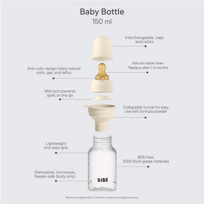 Baby bottle made of BPA-free materials, 150 ml capacity, features latex nipple, anti-colic design, and collapsible funnel.