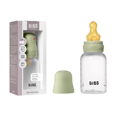 Bibs sage baby bottle with latex nipple, 150ml, shown with its packaging and cap.