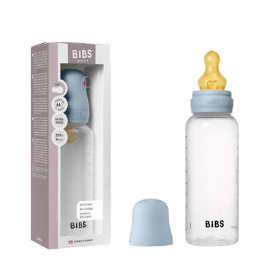 Bibs baby plastic bottle with latex nipple, 270ml, in baby blue color, displayed alongside its packaging.