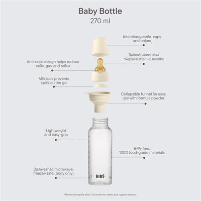 BIBS 270 ml baby bottle in ivory, featuring a latex nipple, anti-colic design, and collapsible funnel for easy filling.