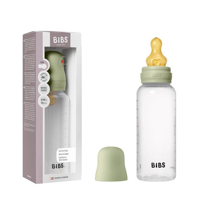 Baby plastic bottle with latex nipple, 270ml in sage color, packaged with a lid, labeled BIBS.