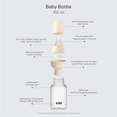 Baby bottle with silicone nipple, 150 ml capacity, features anti-colic design, lightweight, BPA-free materials, and collapsible funnel for formula.