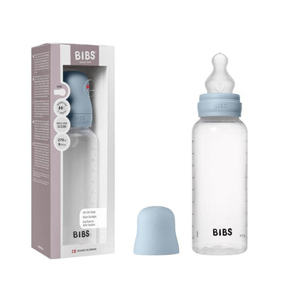 Baby blue plastic bottle with silicone nipple, 270ml capacity, accompanied by a matching cap and box packaging.