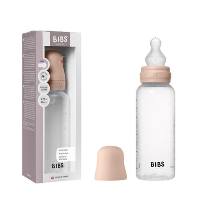Baby bottle by Bibs in blush color, 270ml, featuring a silicone nipple and clear plastic body; includes packaging.