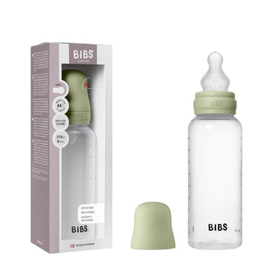 Baby plastic bottle with silicone nipple, sage color, 270ml capacity, with packaging displaying product details.