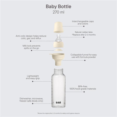 Bibs baby bottle 270 ml in sage with a silicone nipple, showing features like anti-colic design and collapsible funnel.