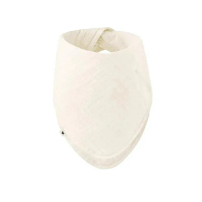 Bandana bib in ivory color, designed for infants, featuring a soft, absorbent fabric and a snap closure.