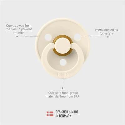 Bibs pacifier in Dusty Blue and Steel Blue, featuring ventilation holes, safe materials, and ergonomic design.