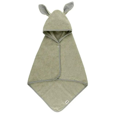 Kangaroo hoodie towel for babies in sage green, featuring a hood with ears and soft terry cloth material.