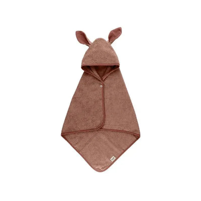 Kangaroo hoodie towel for babies in woodchuck color, featuring ears on the hood and soft, absorbent fabric.