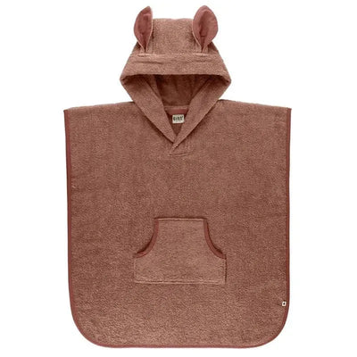 Kangaroo poncho for toddlers in woodchuck color, featuring a hood with ears and a front pocket.