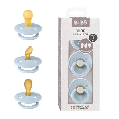 Bibs pacifiers 0-6 months, three baby blue soothers with symmetrical nipples, BPA-free, and packaged in a clear box.
