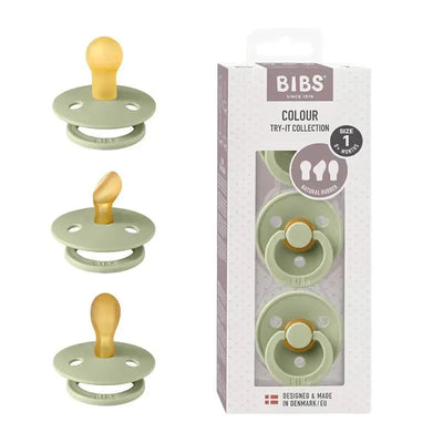 Bibs 3-pack pacifiers for 0-6 months with BPA-free symmetrical nipples in sage color.