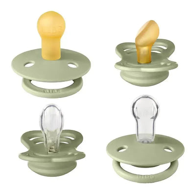 Natural rubber and silicone pacifiers in sage color, designed for infants 0-6 months, displaying various nipple shapes.