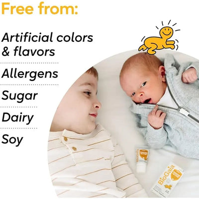 Biogaia Immune Active Baby Drops displayed alongside a baby in a gray hoodie and a sibling, highlighting free-from allergens.