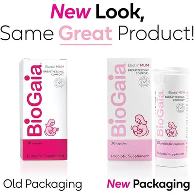 Biogaia Elactia Breastfeeding Probiotic, showcasing old packaging on the left and new packaging on the right, both highlighting 30 capsules.