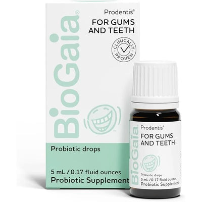 BioGaia Prodentis Baby Drops, a probiotic supplement for gums and teeth, 5 mL bottle with packaging.