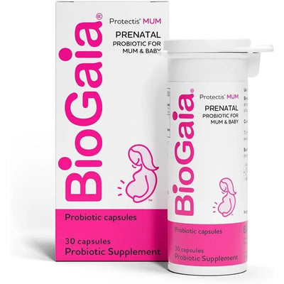 Biogaia Protectis Mum Capsules, a prenatal probiotic supplement for mum and baby, featuring 30 capsules packaging.