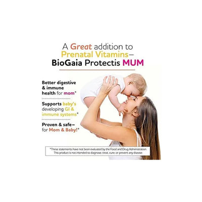 Biogaia Protectis Mum capsules promote better health for mothers and babies, featuring a mother holding her baby joyfully.