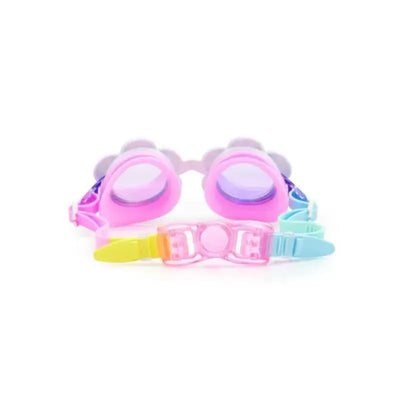 Bling 2O Blanch Blossom Swim Goggles with pink frames, flower accents, and adjustable multi-colored strap.