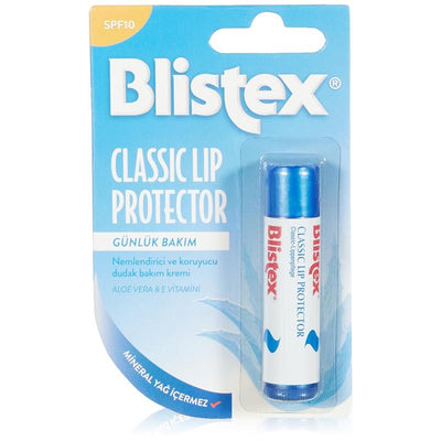 Blistex Classic Lip Protector in packaging, featuring a lip balm tube with SPF 10, aloe vera, and E vitamins.