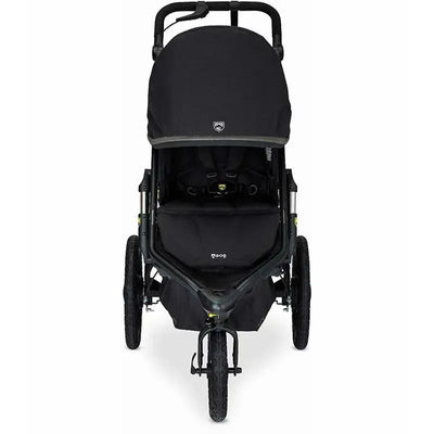 All-weather black jogging stroller designed for outdoor use, featuring a large canopy and rugged wheels.