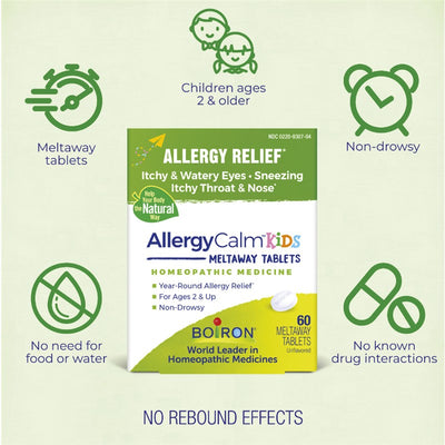 Boiron AllergyCalm® Kids Meltaway Tablets, a homeopathic allergy relief for children ages 2 and up, 60 tablets.