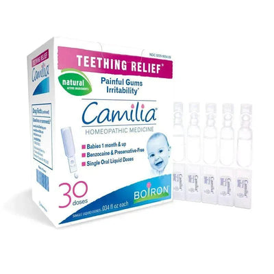 Boiron Camilia Teething Relief, 30 doses, homeopathic medicine for painful gums in babies, featuring single-use liquid doses.