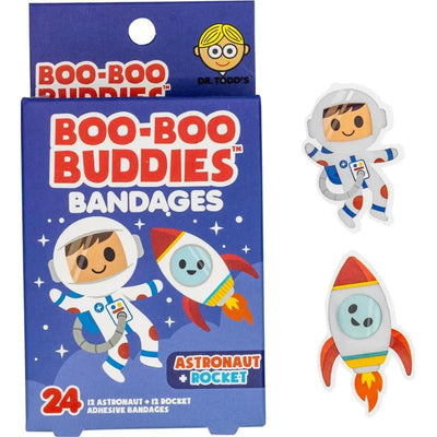 Boo Boo Buddies adhesive bandages featuring 12 astronaut and 12 rocket designs, packaged in a colorful box.