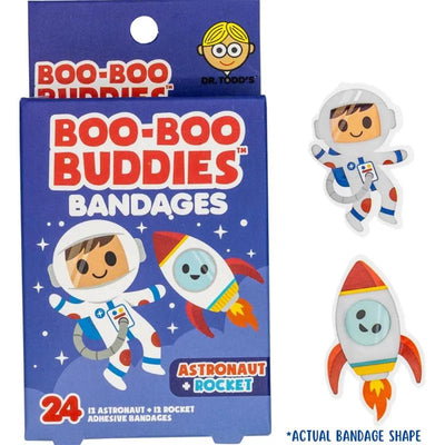 Boo Boo Buddies adhesive bandages featuring 12 astronaut and 12 rocket designs, packaged in a blue box with playful graphics.