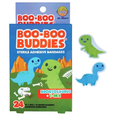 Boo Boo Buddies adhesive bandages featuring Brontosaurus and T-Rex designs, 24 total bandages in a colorful packaging.