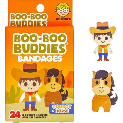 Kids adhesive bandages featuring cowboy and horse designs, with 24 total bandages in colorful packaging.