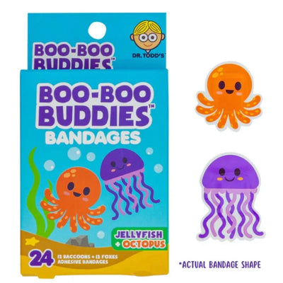 Boo Boo Buddies adhesive bandages featuring playful jellyfish and octopus designs, packaged with 24 total bandages.