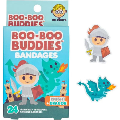 Kids adhesive bandages featuring knights and dragons, with packaging displaying 12 knight and 12 dragon designs.