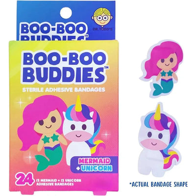 Boo Boo Buddies sterile adhesive bandages featuring mermaid and unicorn designs, packaged with 24 bandages.