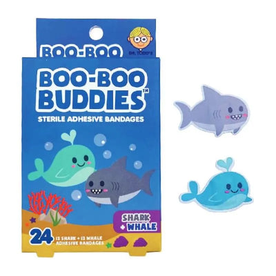 Boo Boo Buddies adhesive bandages featuring cute shark and whale designs, packaged in a colorful blue box with 24 bandages.