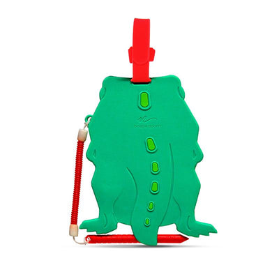 Green dinosaur-shaped Boogie Board Sketch Pals with a red clip and stylus attached for drawing and doodling.