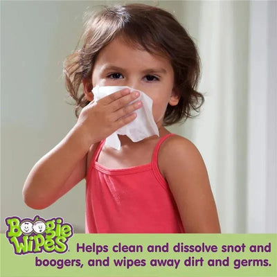 Young child holding a Boogie Wipe while cleaning their nose, with product branding and a description visible below.