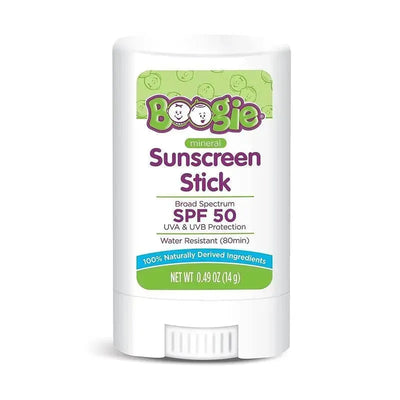 Boogie Wipes mineral sunscreen stick, SPF 50, offering UVA & UVB protection, water-resistant for 80 minutes.
