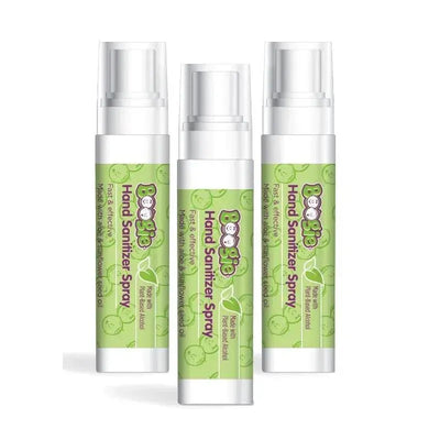 Boogie Wipes Hand Sanitizer Spray for Babies & Toddlers, featuring a green design with aloe and sunflower seed oil.