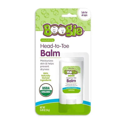 Boogie Wipes Head-to-Toe Balm in a white tube, labeled as USDA organic, moisturizing skin, safe for all ages.