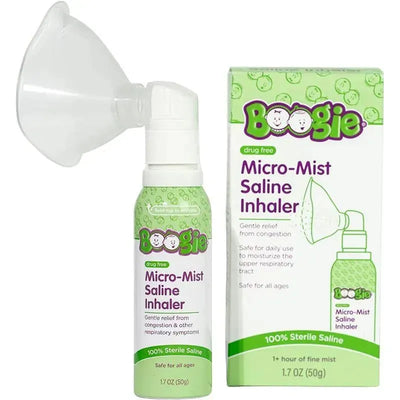 Boogie Wipes Micro-Mist Saline Inhaler bottle and box, featuring drug-free saline relief for congestion, safe for all ages.