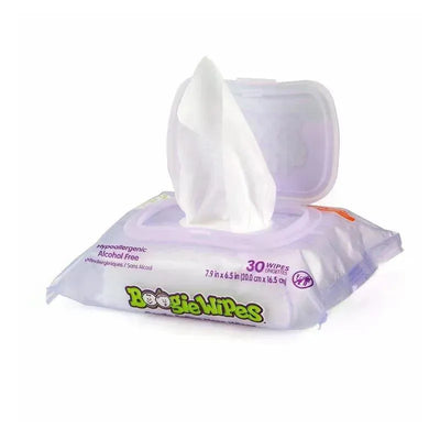 Boogie Wipes Natural Saline pack featuring 30 wipes, alcohol-free, with a visible white wipe partially exposed.
