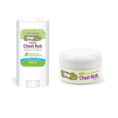 Soothing Chest Rub by Boogie, featuring a stick and a tub, both labeled with eucalyptus and lavender, for babies 3 months and older.
