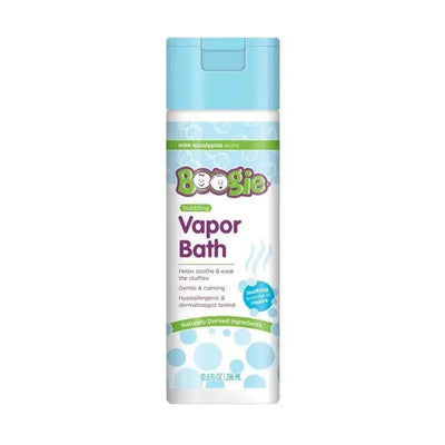 Boogie Wipes Vapor Bath in Mint Eucalyptus scent, 10 oz bottle, labeled with soothing vapor benefits and dermatologist-tested.